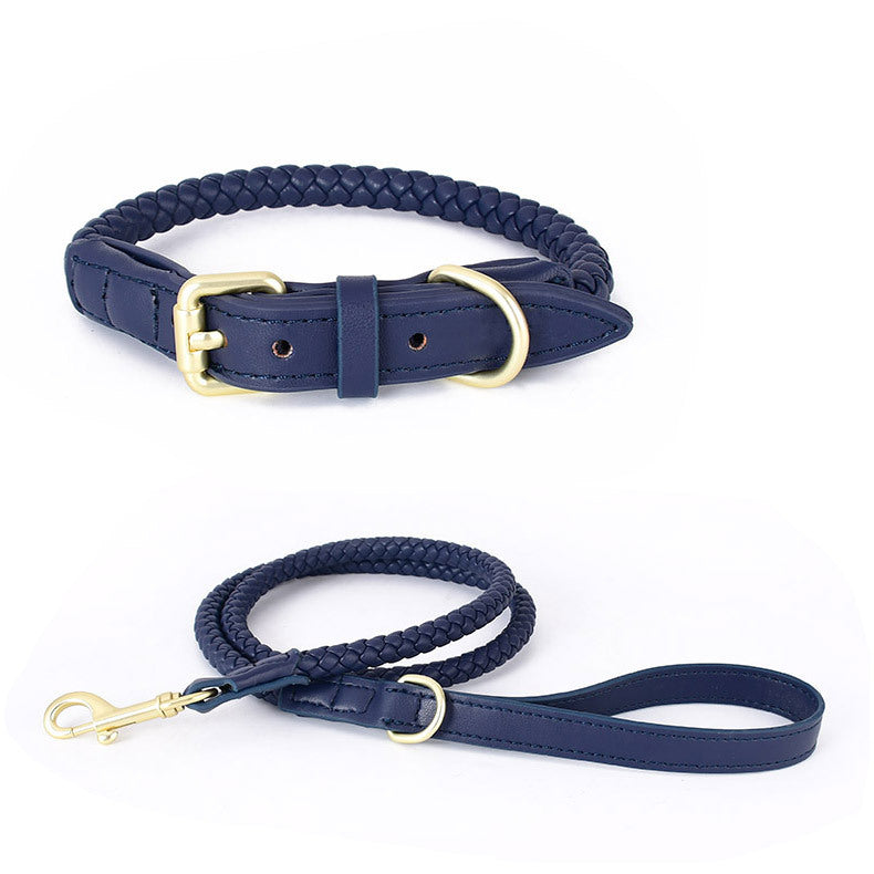 Woven leather dog collar leash set