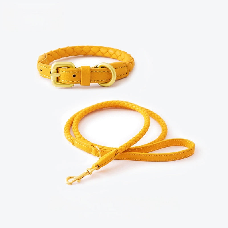 Woven leather dog collar leash set