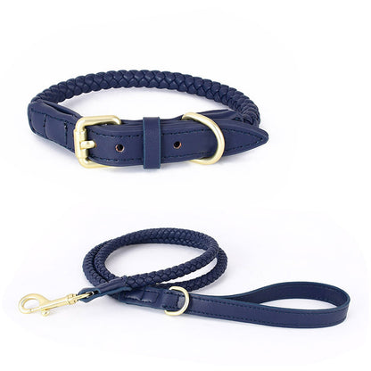 Woven leather dog collar leash set