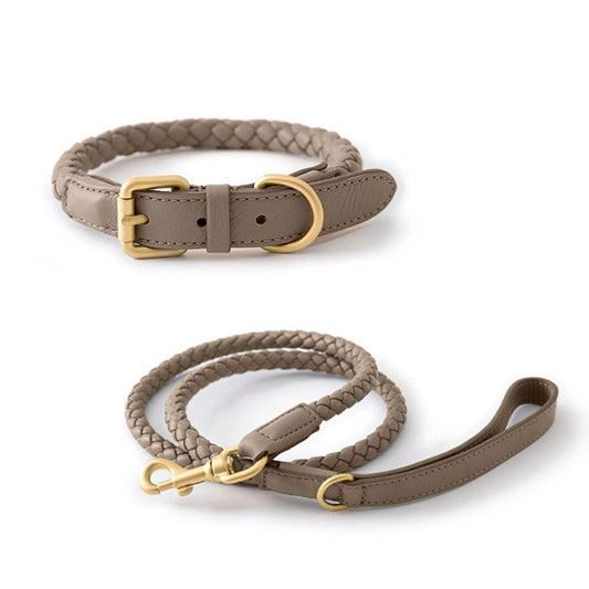 Woven leather dog collar leash set