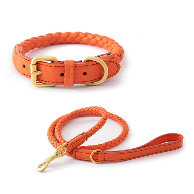 Woven leather dog collar leash set